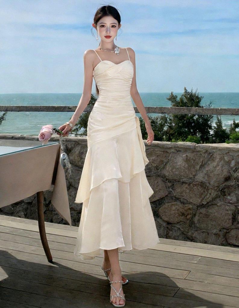 Sanya French Seaside Spaghetti Strap Ruffled Vacation Dress