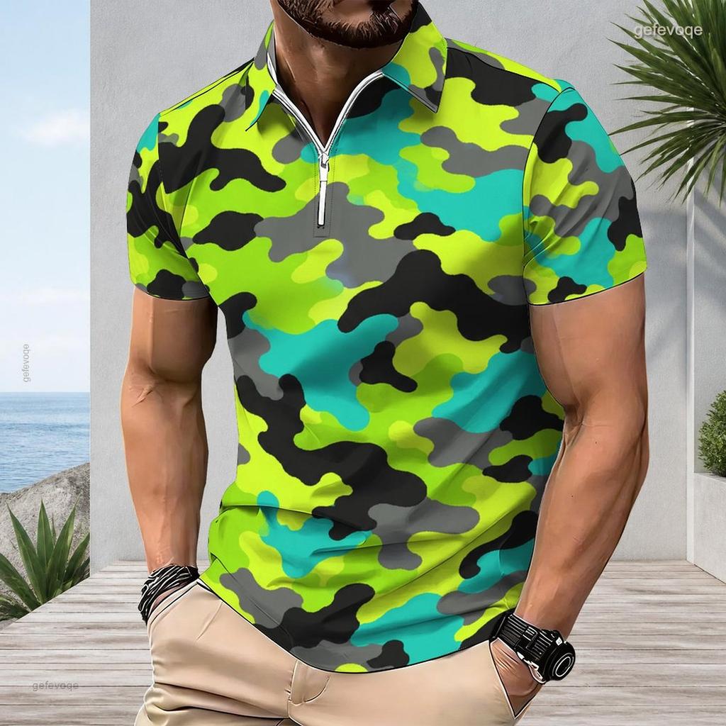 Men Plus Size Short Sleeve Quarter Zip Collared Blue Camouflage Printed Polo Shirt