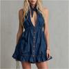 Blue V-Neck Sleeveless Buttoned Denim Mini Dress Casual Retro Style