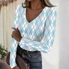 Women's Casual Fashion V Neck Long Sleeve Ribbed Plaid Print Top for Everyday Wear
