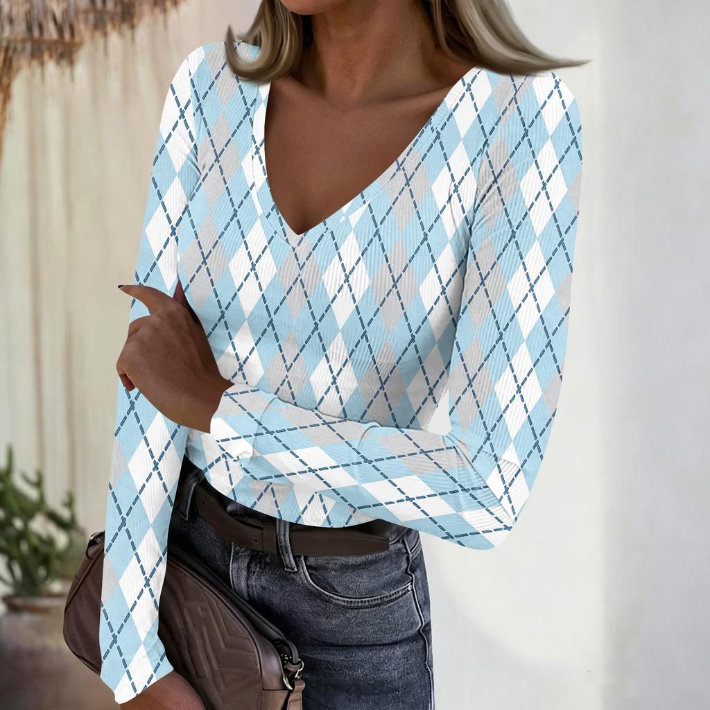 Women's Casual Fashion V Neck Long Sleeve Ribbed Plaid Print Top for Everyday Wear