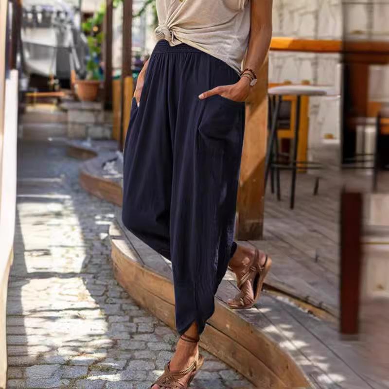 Women Spring Summer Vintage Boho Cotton Linen Beach Pants Female High Waist Solid Loose Pockets Trousers Casual Pantalones
