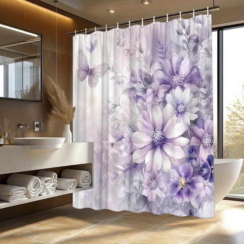 1 ks Fialová květinová sprchová závěs s motýly - Fialové sedmikrásky a astry, Snové gradientní pozadí, Polyester, 70,8 x 70,8"
