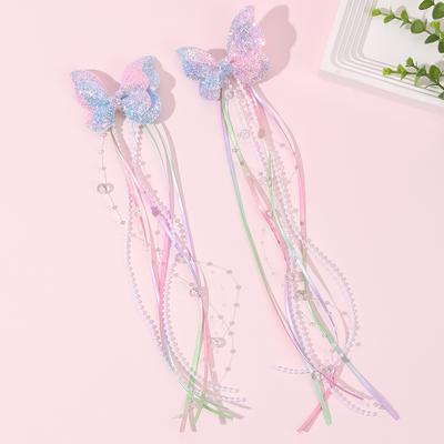 2 Stuks Glanzende Vlinder Strik Haarclips Regenboog Vlinder Met Zoete Lange Parels Kwastjes Barrette Prinses Haaraccessoires Cadeaus
