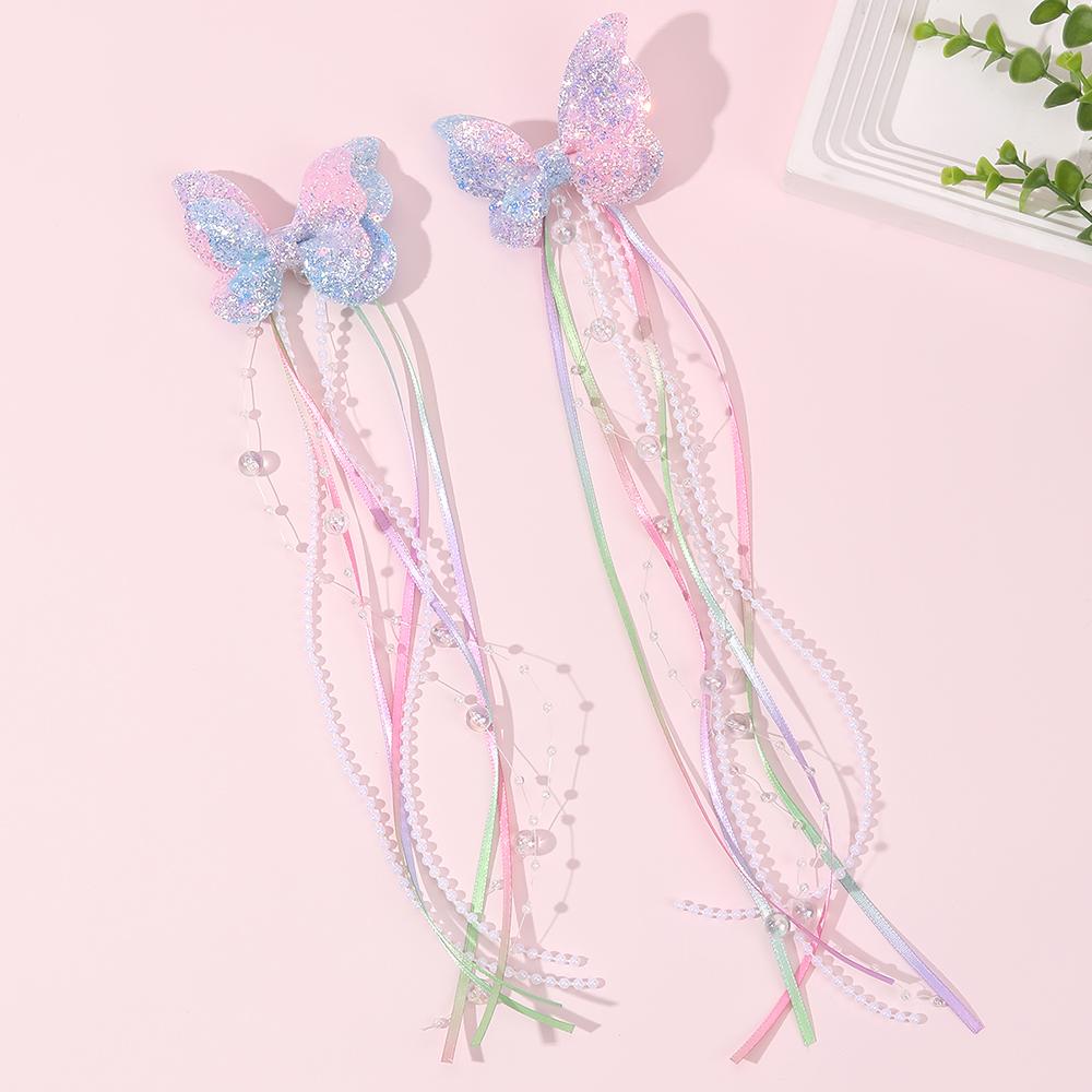 2Pcs Glitter Butterfly Bow Hair Clips Rainbow Butterfly With Sweet Long Pearls Tassels Barrtte Princess Hair Accessories Gifts