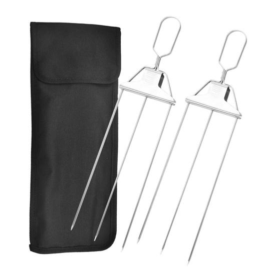 3-Prong Grill Skewers, Stainless Steel BBQ Skewers with Pusher, Rust-proof Grill Sticks for Meat Vegetables Chicken Shrimp, Outdoor Cooking Essential