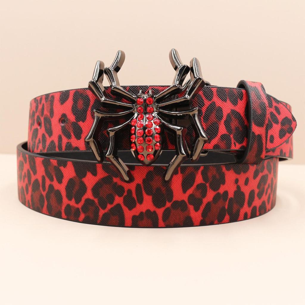 Y2K Leopard Print Rhinestone Spider Buckle Punk Leather Belt for Women