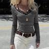 European & American Style V-Neck Lace-Trim Striped Long-Sleeve Slim-Fit Two-Piece Look Top for Women