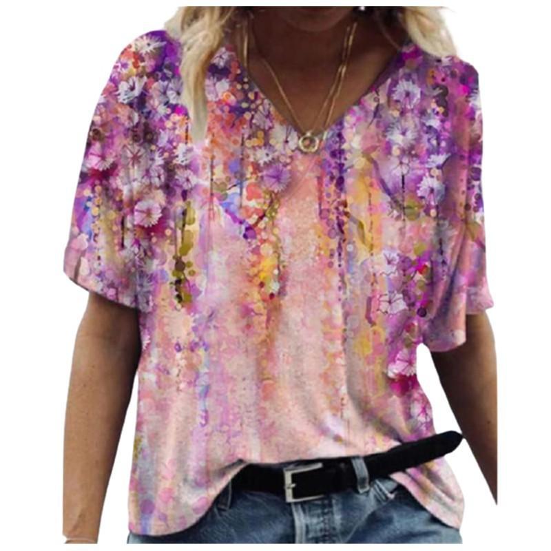 Women's Summer New V-neck Floral Positioning 3D Printed Short Sleeved T-shirt