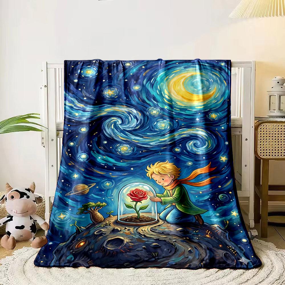 A swirling starry night sky with a rose under a glass dome on a planet. for all seasons blanket lunch break throw gift 80cm x 120cm