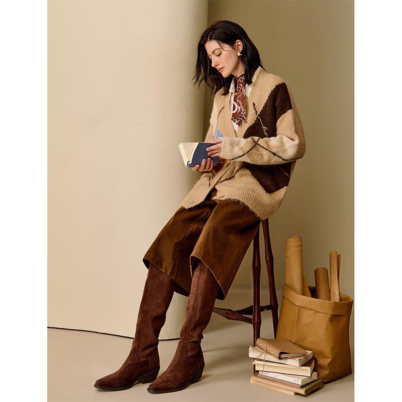 INMAN Women's Retro Argyle V-Neck Knit Cardigan