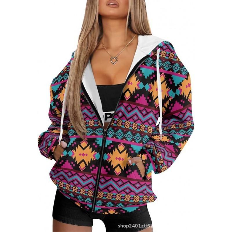 Vintage Ethnic 3D Printed Zip Up Hoodie Loose Fit Horse Geometric Graphic Sweatshirt Women