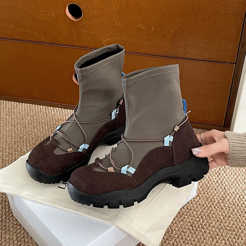 Queen Fan Black Retro Platform Boots Women's Short Boots 2025 New Autumn Versatile Height Increasing Skinny Elastic Boots