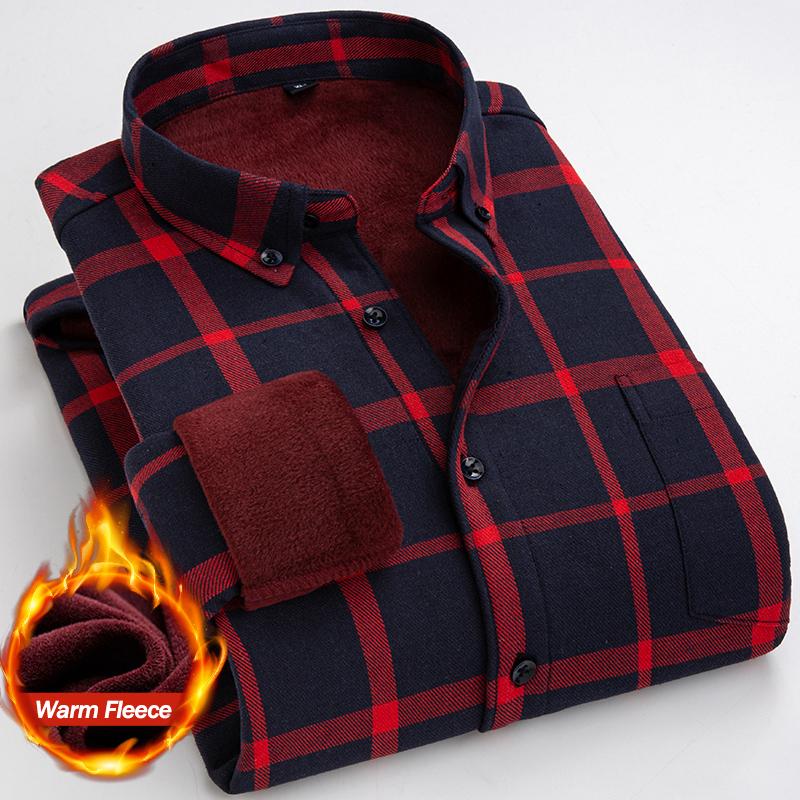 Winter Fleece Men's Warm Shirt Classic Plaid Thicken Slim Business Casual Long-sleeved Warm Office Plush Velvet Shirts Dress