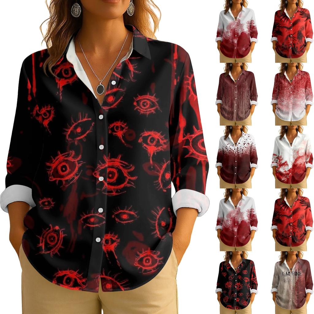 Women's Retro Halloween Printed Button Up Long Sleeved Casual Regular Shirt Collar Top