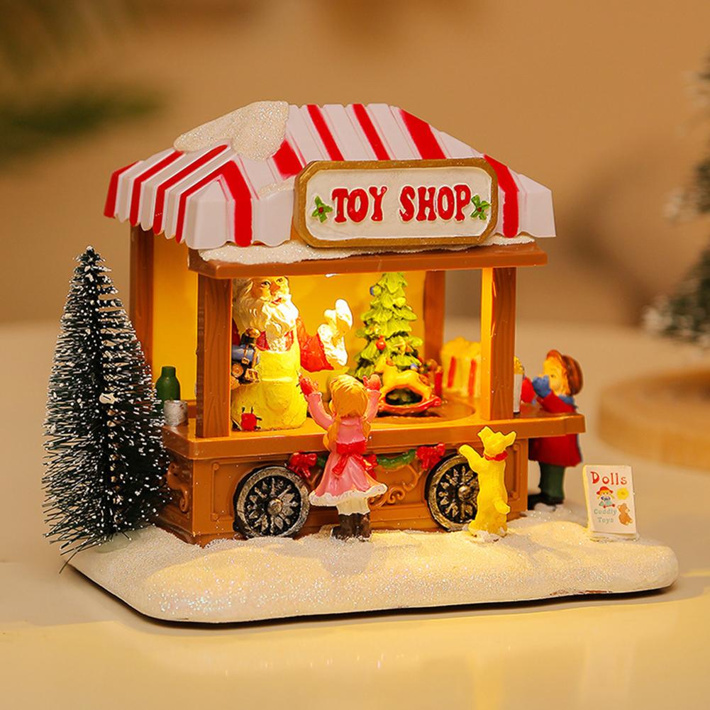 LED Christmas Music Popcorn House Lighted with Christmas Tree Resin Christmas Commissary Figurine Ornaments Xmas Decor and Gifts
