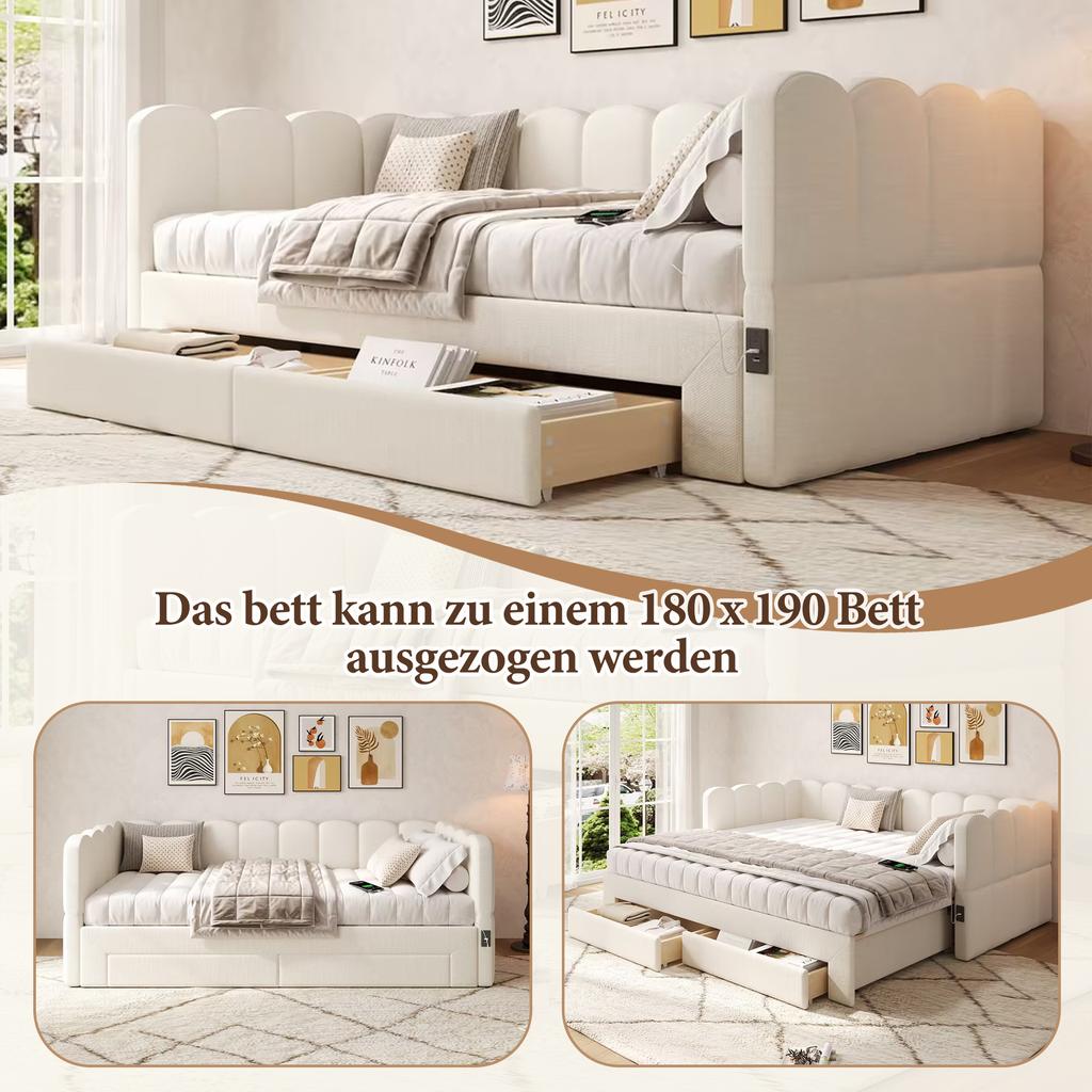 Upholstered Bed, Daybed, Sofa Bed, with 2 Drawers for Storage, Sleeper Sofa, Day Bed 90x190 cm, Extendable to 180 cm, with USB Port, Beige Linen