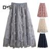 Women Midi Skirt Elastic High Waist Floral Embroidery Print Mesh Skirt Double Layered Tulle Large Hem A-Line Skirt