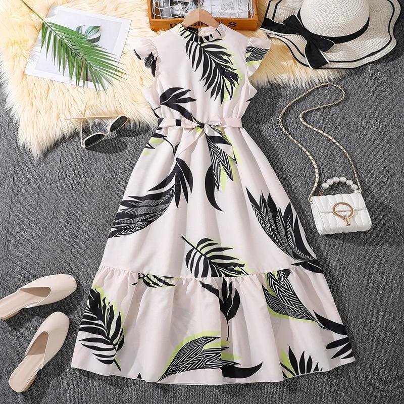 

Girl Sleeveless Floral Print Dress Children Kid Casual Summer Beach Sundress Princess Dresses Clothes 9Y бежевый