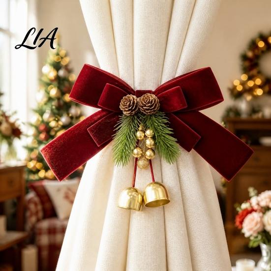 Festive Drapery Holdbacks Christmas Velvet Curtain Tiebacks with Golden Bells, Artificial Pine Needle, Holiday Party Supplies Cones, Decorative Drape