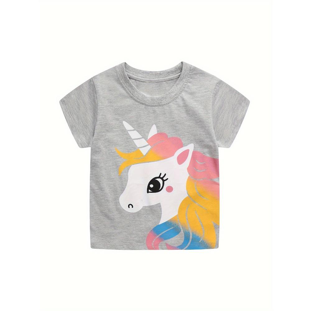 Three-piece set of summer round-neck short-sleeved cartoon unicorn printed outdoor casual T-shirt for girls