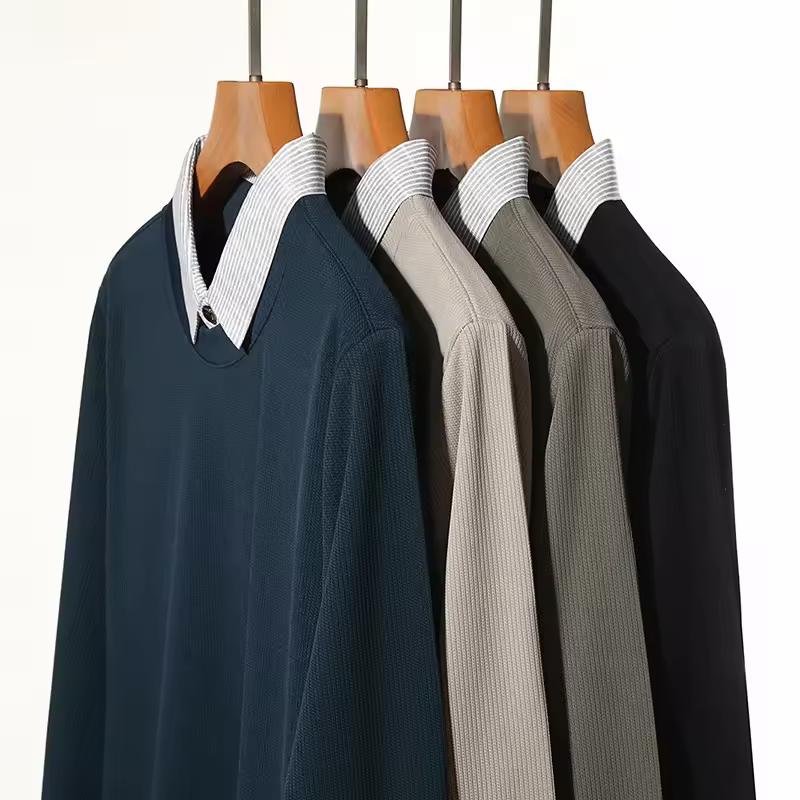 Men's Fake Two Piece Polo Shirt Casual Long Sleeve Collar T-shirt Versatile Top