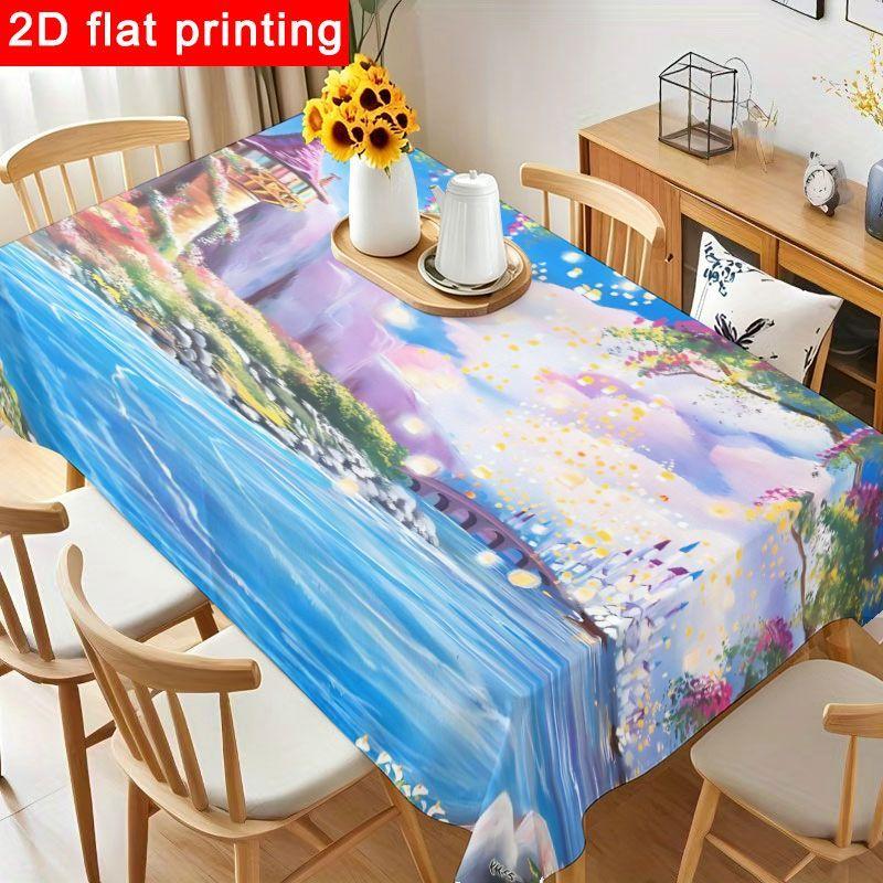1pc Fantasy Landscape Tablecloth - Whimsical Table Cover with Enchanted River and Tower Design, Reusable & Easy to Clean, Perfect for Birthday Parties