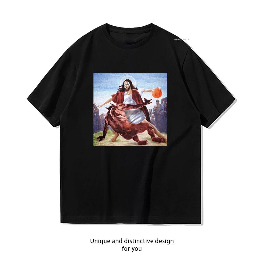 Jesus und Satan spielen Basketball T-Shirt Frau Mann Lässig Baumwolle bedruckte T-Shirts Rundhals Atmungsaktiv Erwachsenen Kurzarm