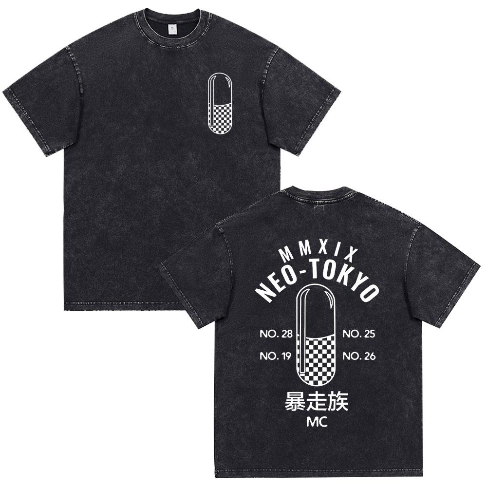 Anime Akira Vintage Washed T Shirt 90s Science Fiction Movie Shotaro Kaneda Short Sleeve T Shirts Cotton Casual Loose T-shirts