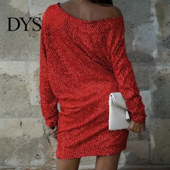 Celebrity Dress Women Evening Slant Neck One Sloping Shoulder Long Sleeves Sequin Decoration Mini Loose Solid Color Prom Party Spring