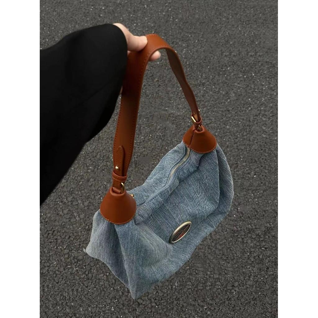 Ielgy Retro Large-Capacity Denim Underarm Bag French One-Shoulder Underarm Bag Niche Design Tote Bag