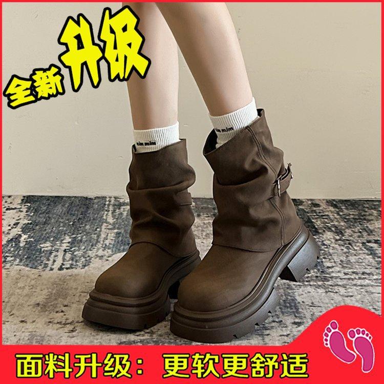 

Maillard short Martin boots women s 2025 autumn and winter new brown British style retro round head platform trousers boots 40