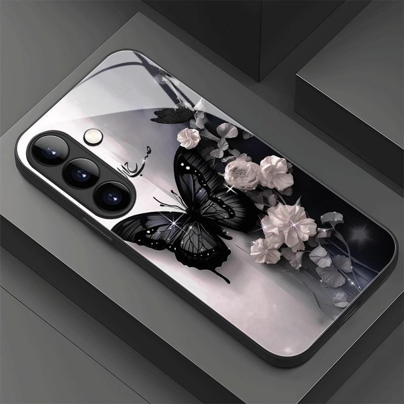 Custodia in vetro per telefono con motivo a farfalla nera adatta per Samsung Galaxy S26 S25 S24 S23 S22 S21 S20 FE/Ultra/Plus