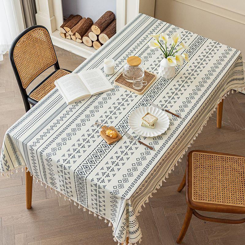 1PC Bohemian Nordic Style Tablecloth Cotton and Linen Leave-in Ethnic Style Rectangular Fringed Camping Tablecloth Waterproof and Oil-proof