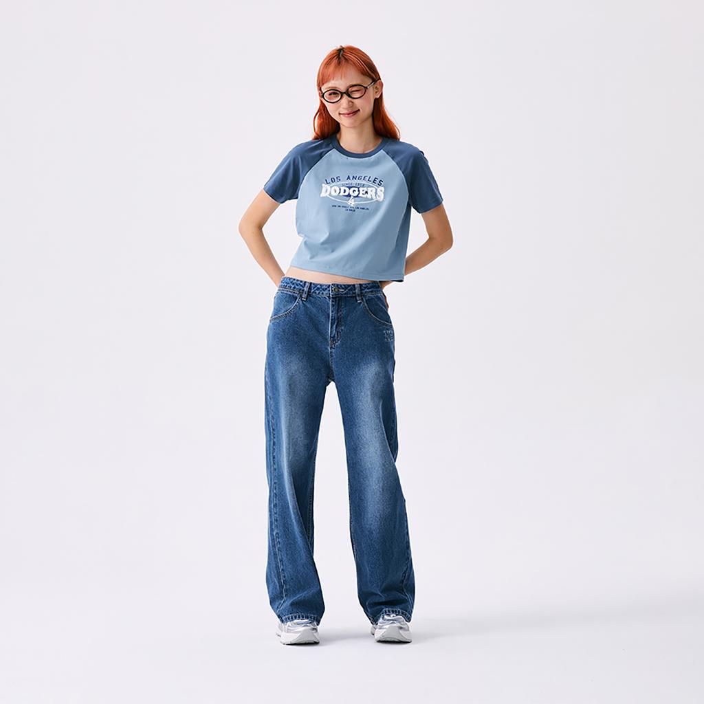 New MLB Preppy Style Collection Los Angeles Dodgers SS25 Raglan Sleeve T Shirt Women's Light Denim 3FTSV0853-07INL
