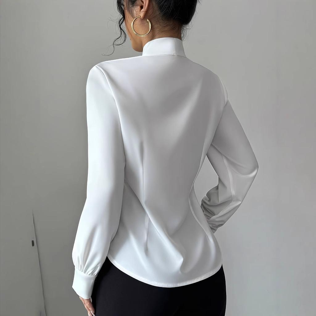 Bluză cu fundă pentru femei Primăvara Vara 2025, Mărime Europeană Cămașă Elegantă de Birou cu Mâneci Lungi, Top Minimalist Business Casual pentru Ținută de Lucru