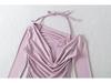 Autumn 2025 Women's Lace Trim Halter Neck Off-Shoulder Slim Long-Sleeve T-Shirt