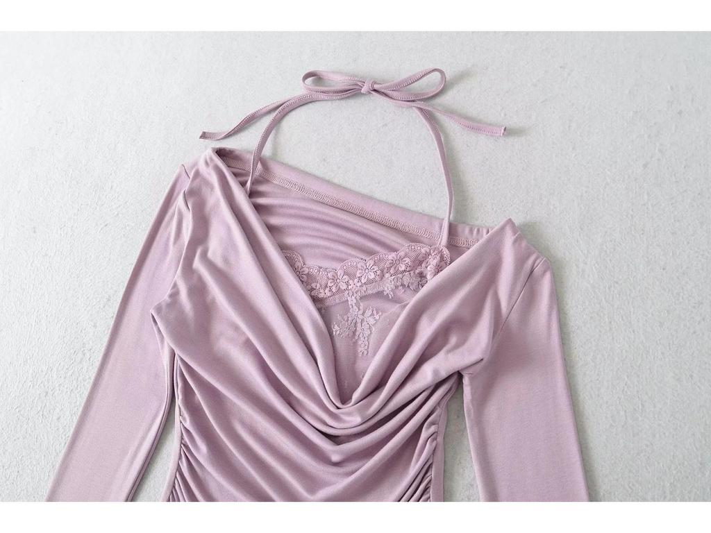 Autumn 2025 Women's Lace Trim Halter Neck Off-Shoulder Slim Long-Sleeve T-Shirt