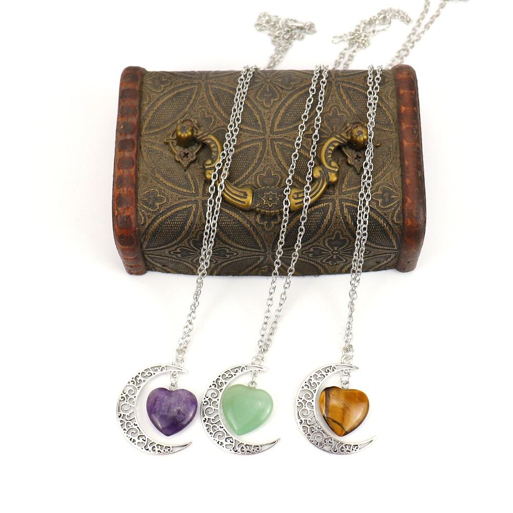 Natural Stone Crystal Amethyst Powder Crystal Moon Love Pendant Necklace Hollow Pendant Couple Necklace N164