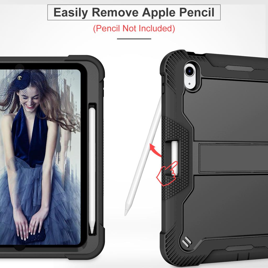 for iPad 10th Generation 10.9 Case, (with Pencil Holder & Kickstand) Rugged Shockproof Heavy Duty Soft Silicone Hard PC Case