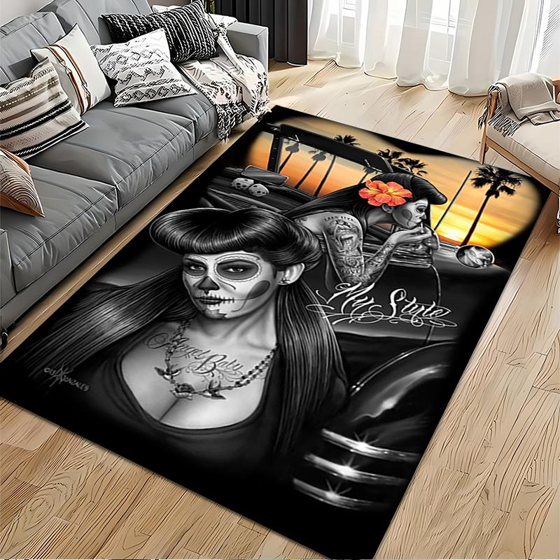 Retro Tattooed Women with Skull Makeup Design. Non-slip Rug Suitable for Living Room and Bedroom Sofas.