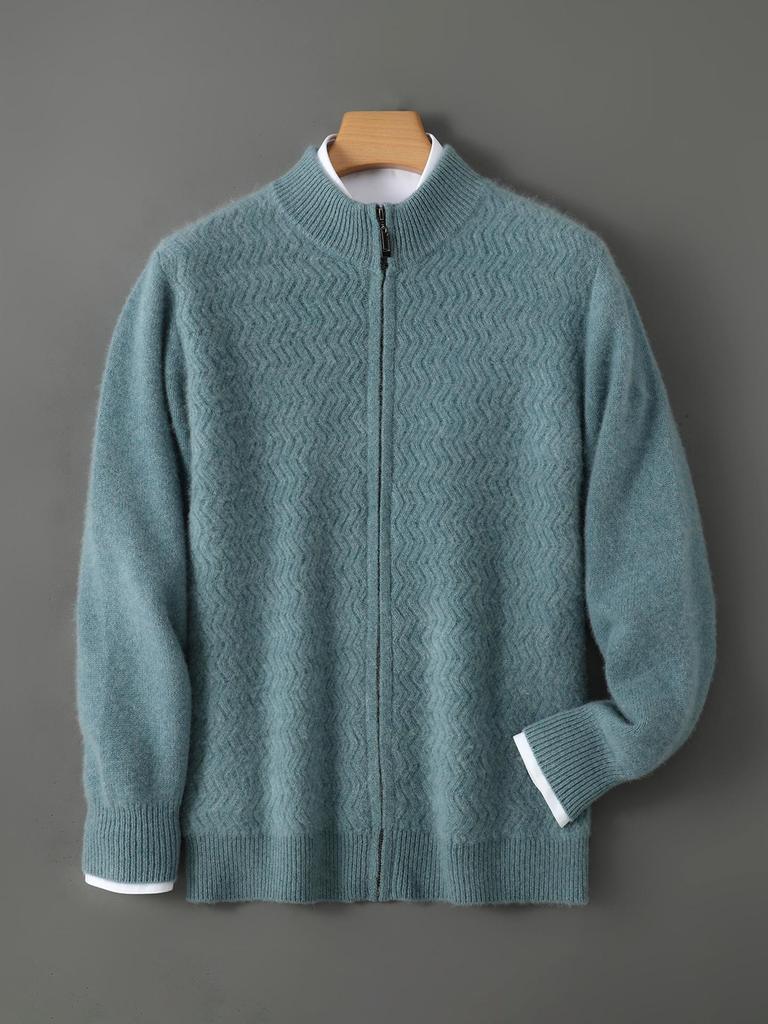 2025 Men's Wool Wave Pattern Zipper Cardigan - Loose Casual Half-High Collar Sweater