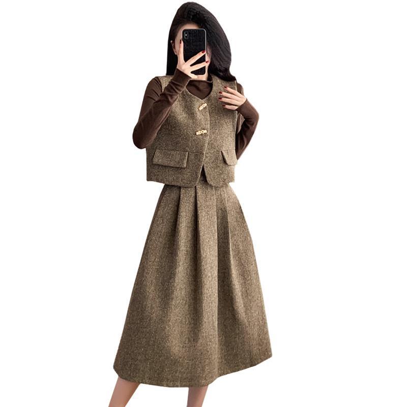 Modă Coreeană Retro Vestă & Fustă Midi Set Slimming Trei Piese pentru Femei