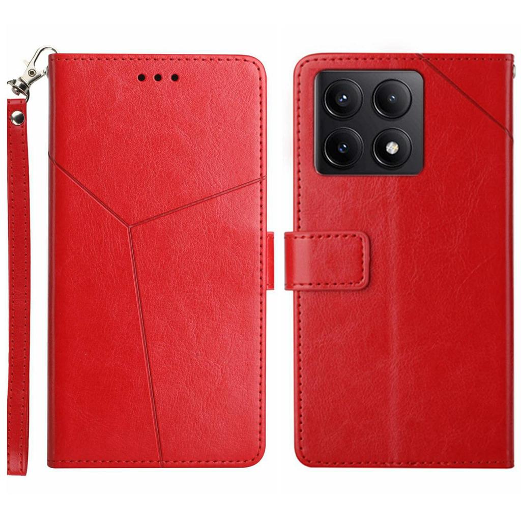 For Xiaomi 14T Case with Wrist Strap Y Shaped Lines Imprint Leather Phone Cover