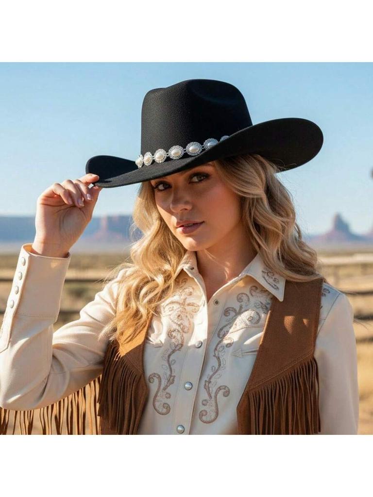 Damen Filz Cowgirl Hut Breiter Rand Perlenverziert Westernhut Für Tägliches Tragen Party