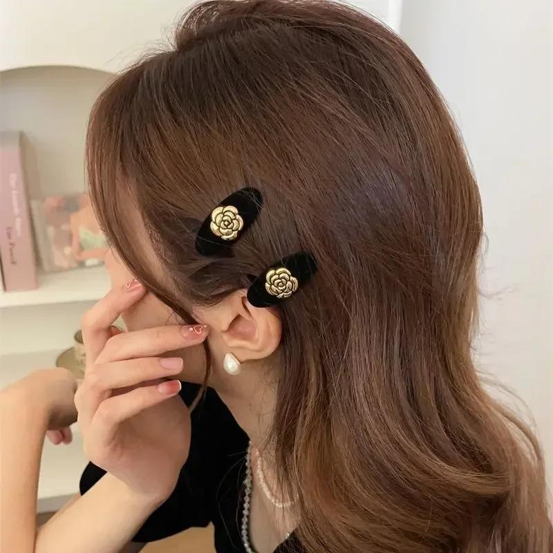 Vintage Camellia Mini Clip French Flocking Small Edge Hairpin Plant Flower Hairpin Korean Girls Hairpin Accessories