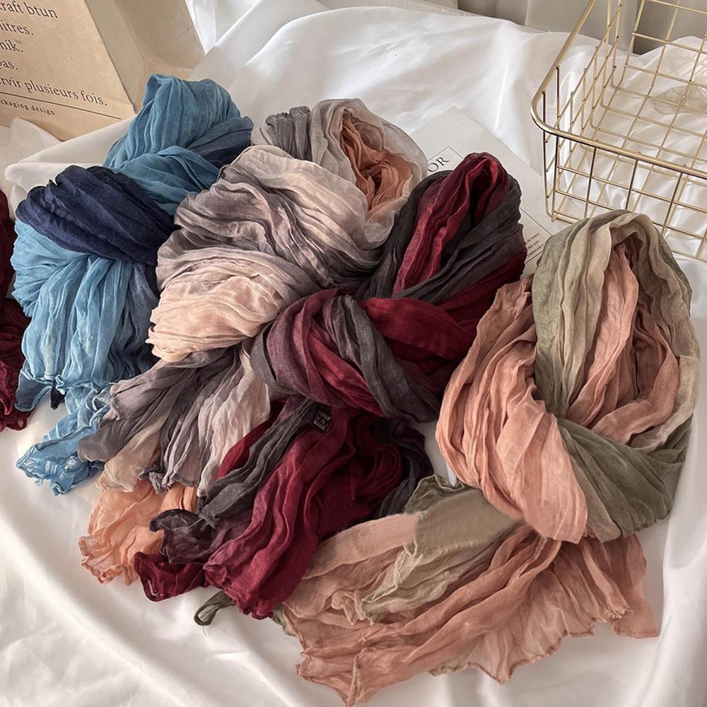 Cotton Hemp Gradient Color Scarf Linen Wrinkle Scarves Long Pleated Shawl Soft Tie-dye Headscarf Long Hijab Scarf Women Winter