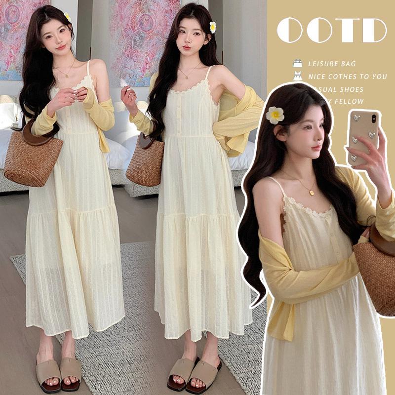 2026 Summer French Sweet Lace Camisole Dress & Sun Protection Cardigan Set L