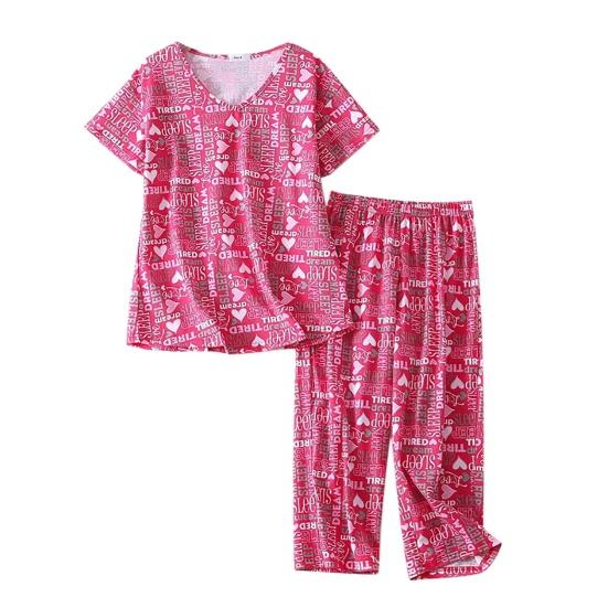 Women Cotton Pajama Set Short Sleeve Top with Capris Pants Sleepwear Set Summer Casual