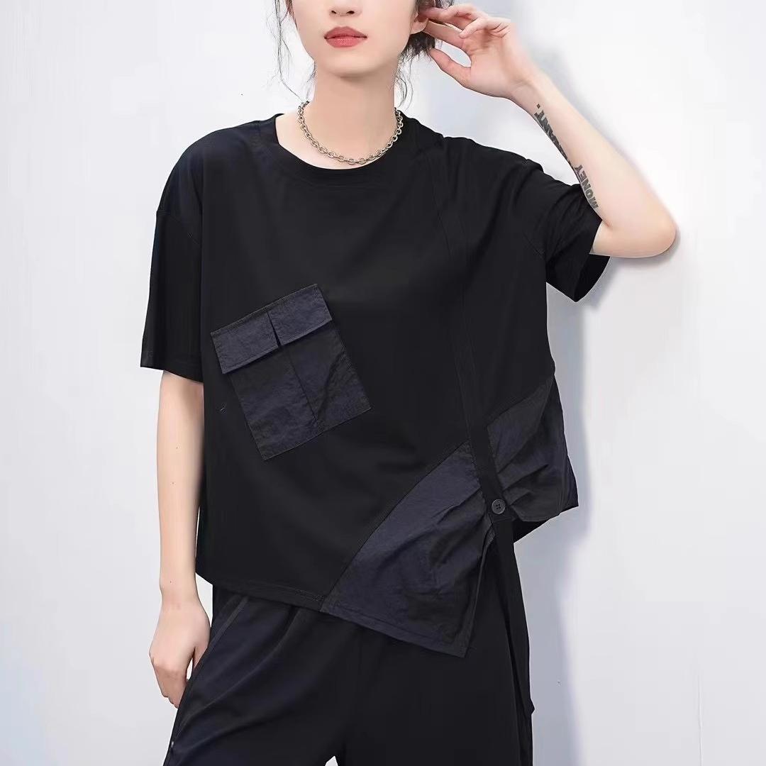 

DIMANAF 2024 Новые летние женские толстовки и свитшоты больших размеров с короткими рукавами в стиле пэчворк, свободные белые базовые топы с круглым вырезом, футболка, новинка One Size чёрный